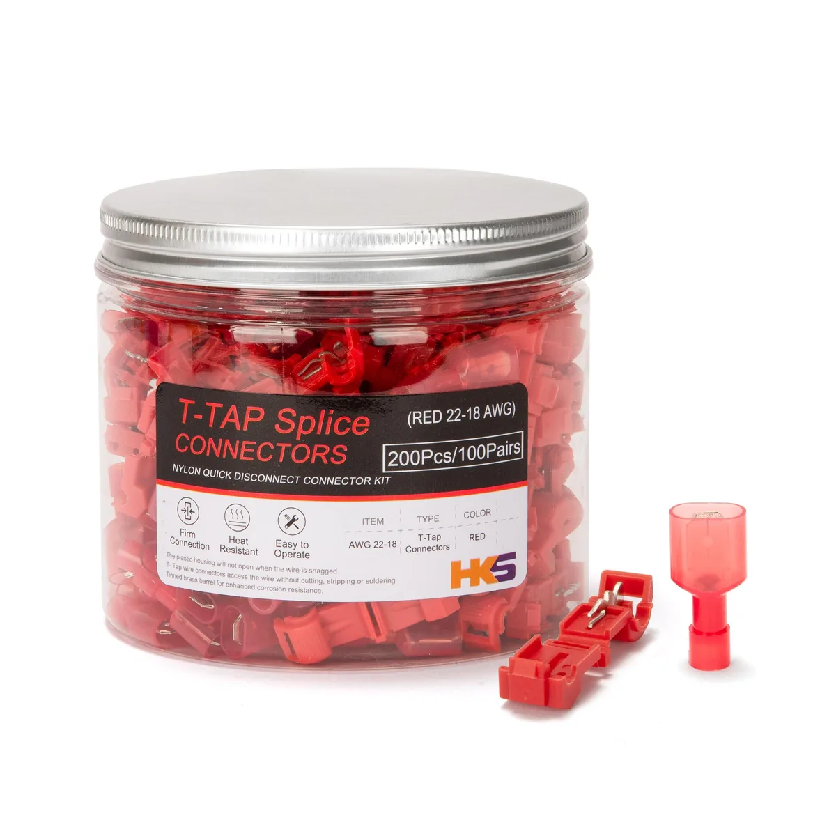  HKS T-TAP Wire Cap Connector Kit 200PCS Red AWG 22-18 — product photo