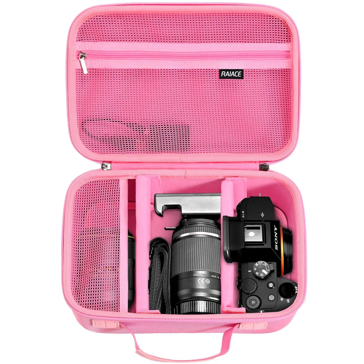 Pink hard-shell camera case with carry handle and shoulder strap