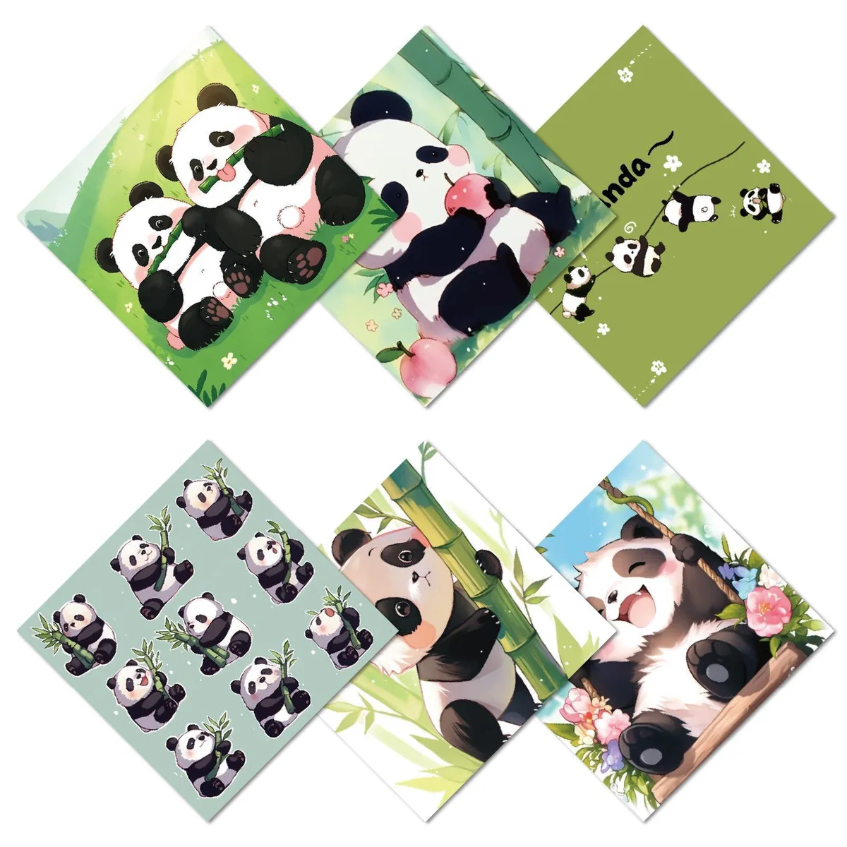 Six square microfibre cloths with cute panda prints in assorted colours