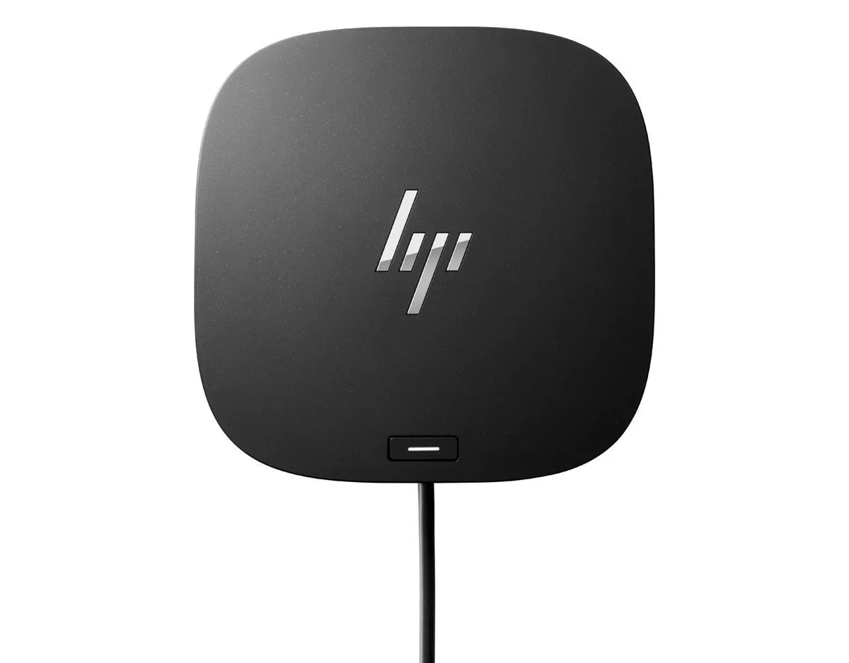Compact square black dock with front USB-C and side audio jack, rear HDMI, DisplayPorts, Ethernet and multiple USB ports