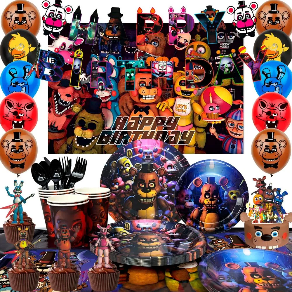 FNAF party kit with backdrop, banner, plates, cups, balloons and cake toppers