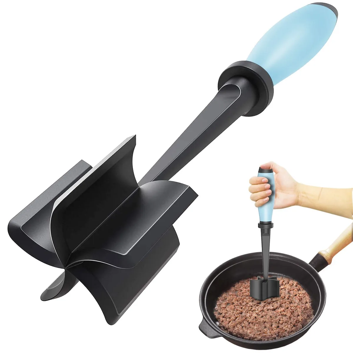 Aqua nylon meat chopper with five pinwheel blades and ergonomic handle