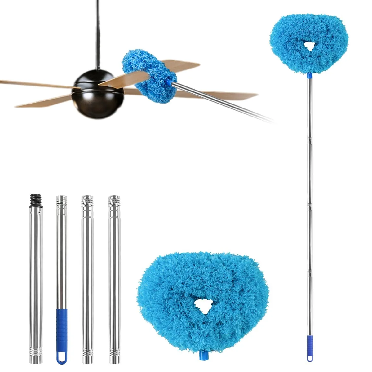Blue microfiber duster head on bendable pole extends 13 to 49.7 inch