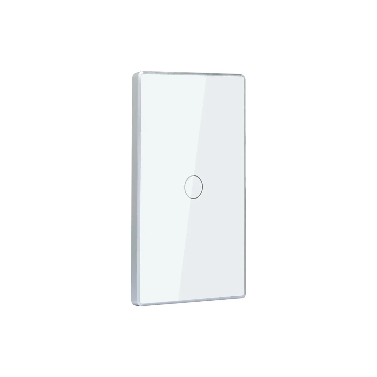 White single-gang smart switch with aluminum frame and tempered glass front, 4.65 by 2.83 by 1.26 inches