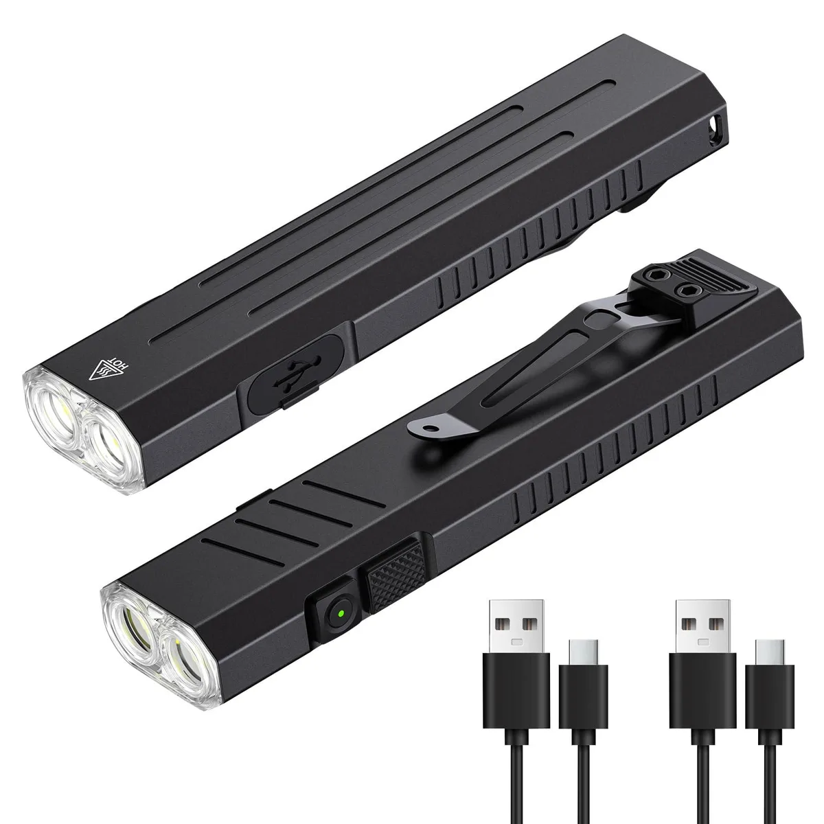 Two slim rectangular aluminium flashlights, matte finish, magnetic base, USB-C port, 38g each
