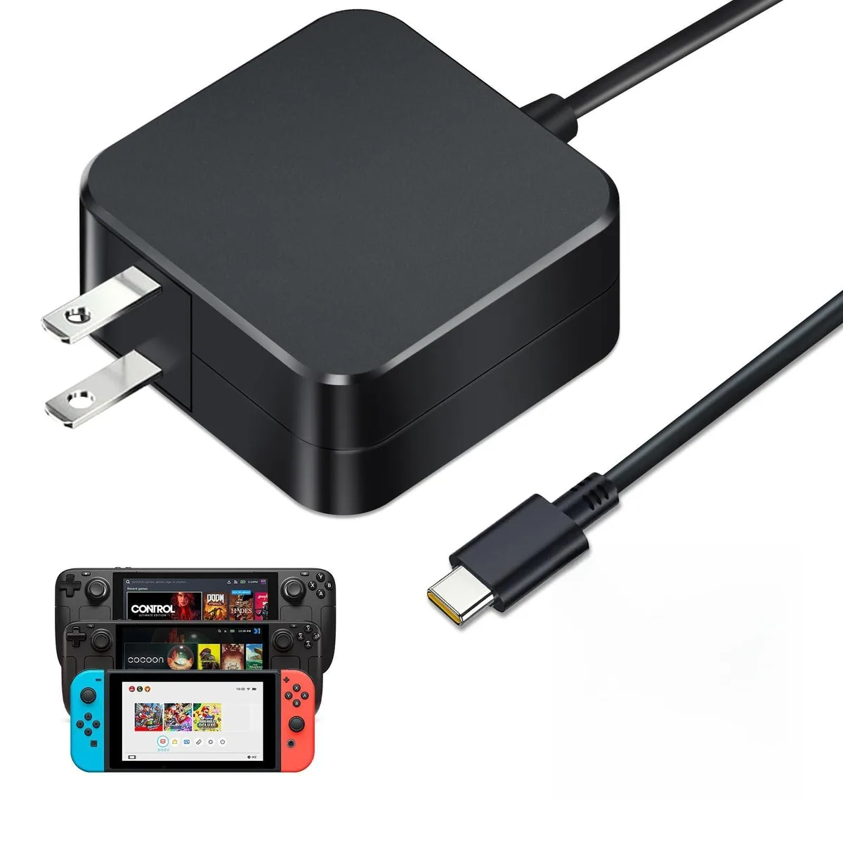 White wall charger with folding prongs and attached braided USB-C cable