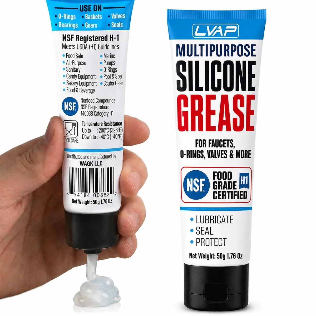 White 50g tube with screw cap, labeled LVAP NSF H1 food grade silicone grease