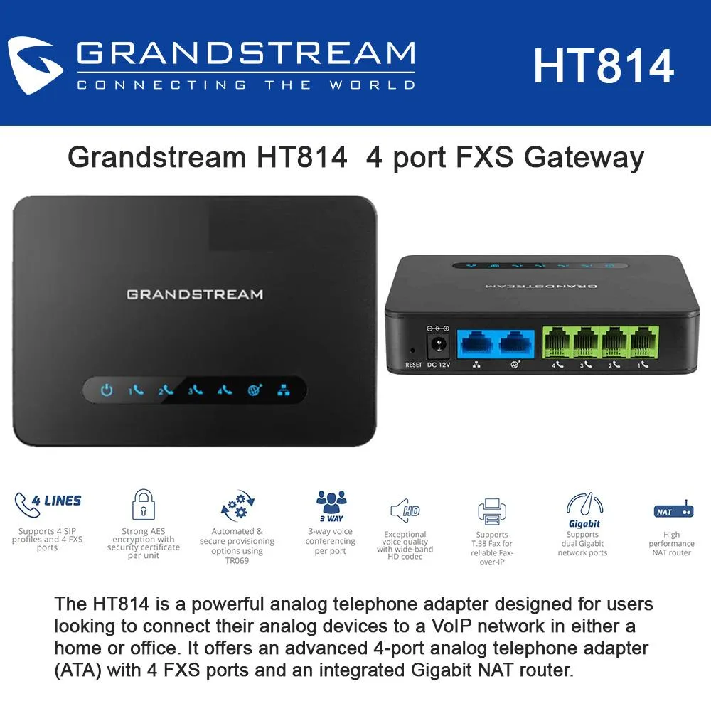 Grandstream Grandstream HT814 4-port FXS gateway Gigabit NAT router data adapter — product photo