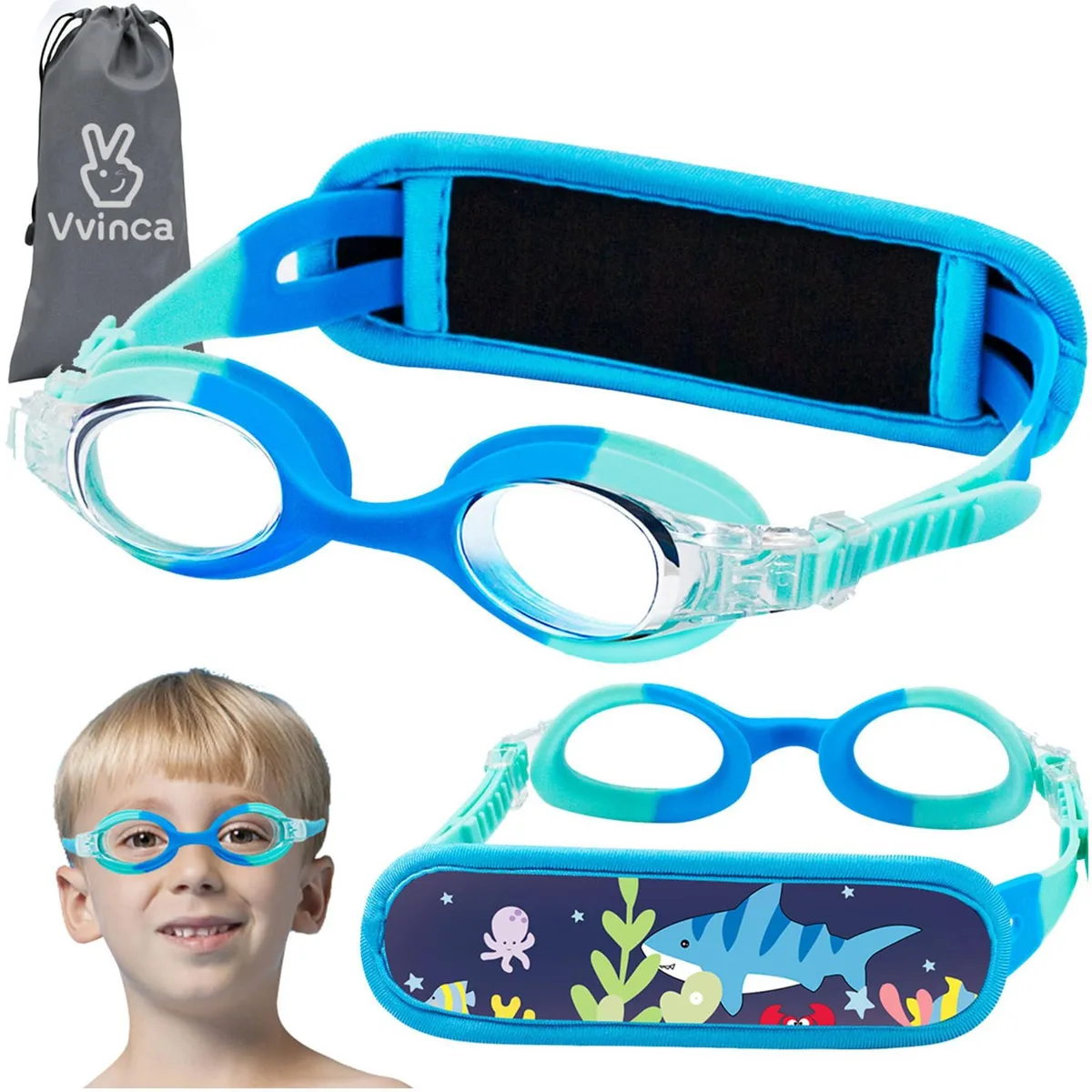  Vvinca Kids Swim Goggles Ages 28 Fabric Strap Blue — product photo