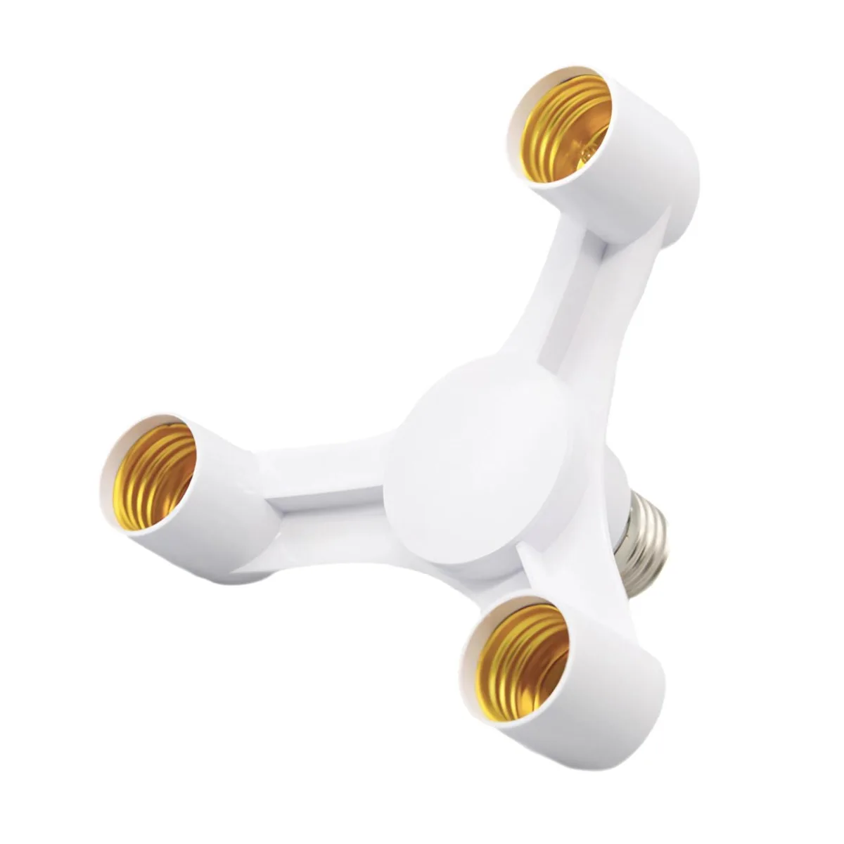 White flat three-way E26/E27 light socket splitter, 6.26 by 6.26 by 3.93 inches
