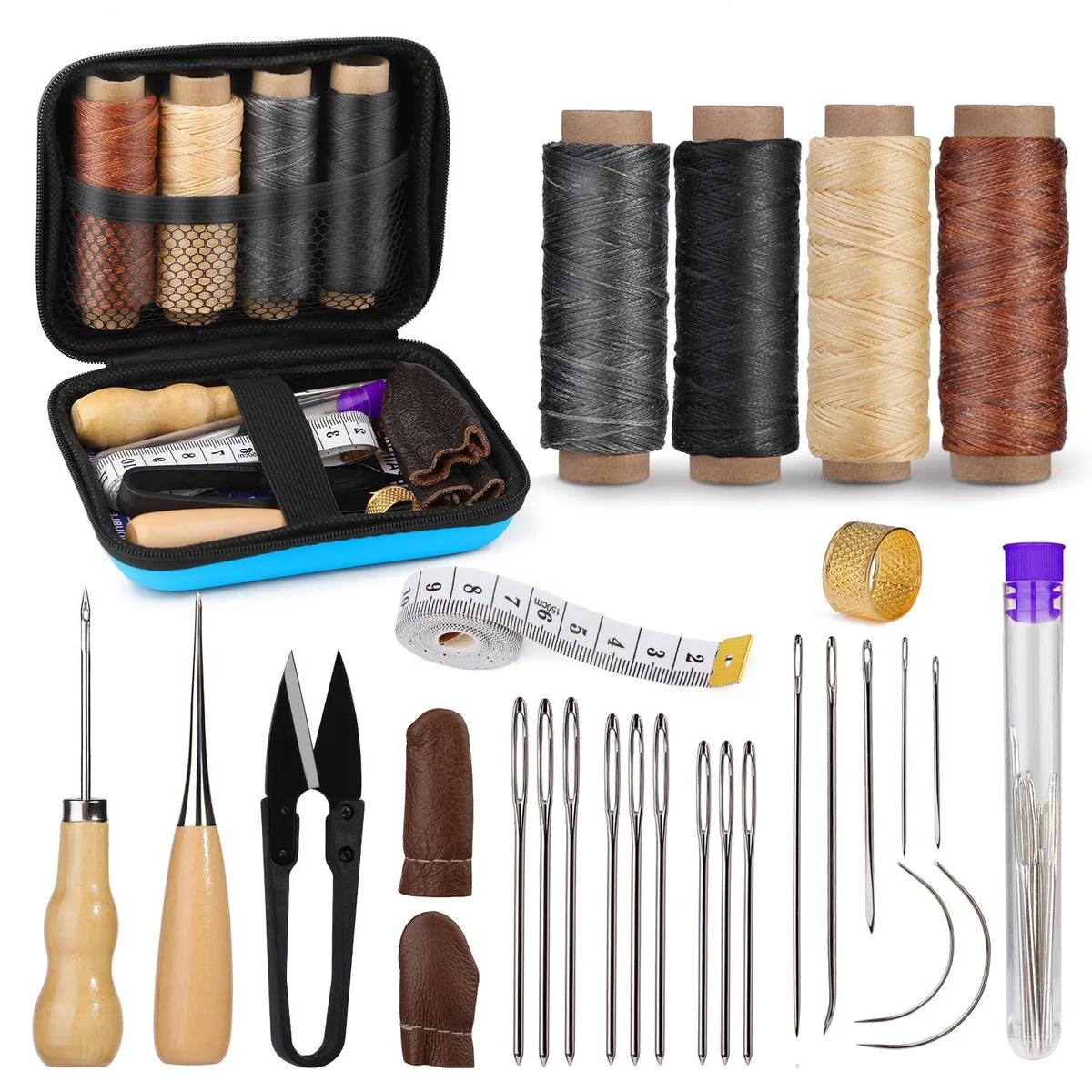 Royal blue zippered case holding 16-piece leather sewing kit with awl, needles, waxed thread, thimble, ruler, scissors, tape measure