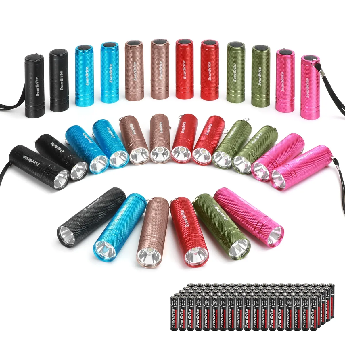 Thirty small cylindrical aluminium flashlights in six colours with lanyards