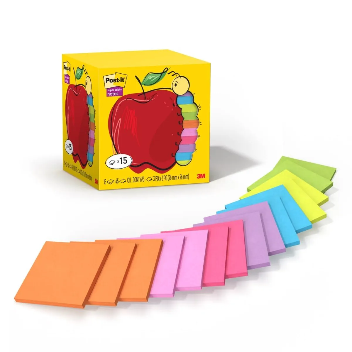 A rectangular paperboard carton holding fifteen square pads of bright neon sticky notes