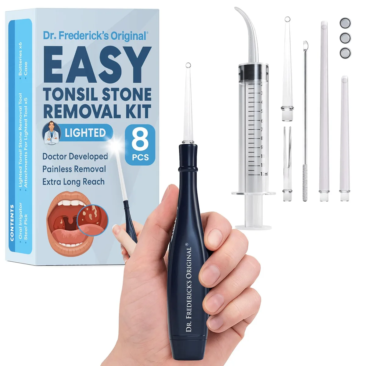 White plastic oral care kit with irrigator wand lighted pick multiple silicone-tipped heads storage case
