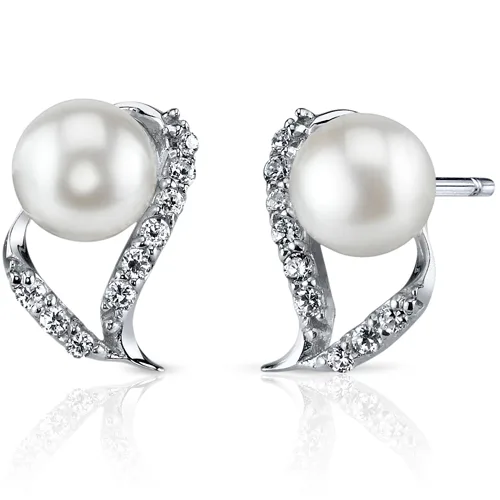 Oravo Oravo 7.0 mm Freshwater White Pearl Drop Earrings .925 Sterling Silver 12 CZ SE8326 — product photo
