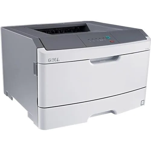 White rectangular desktop laser printer with front paper tray and output slot