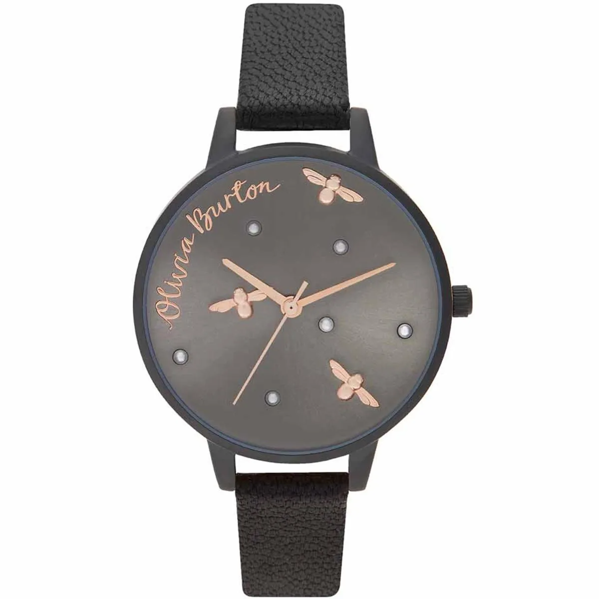 Olivia Burton Pearly Queen watch with black dial and leather strap