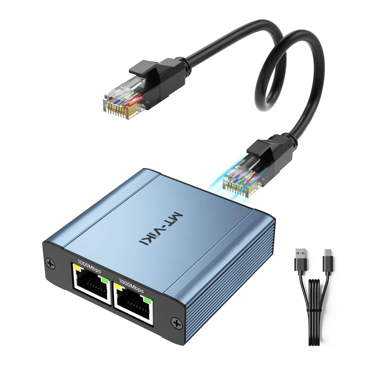 Small aluminium box with two RJ45 ports and USB-C power input