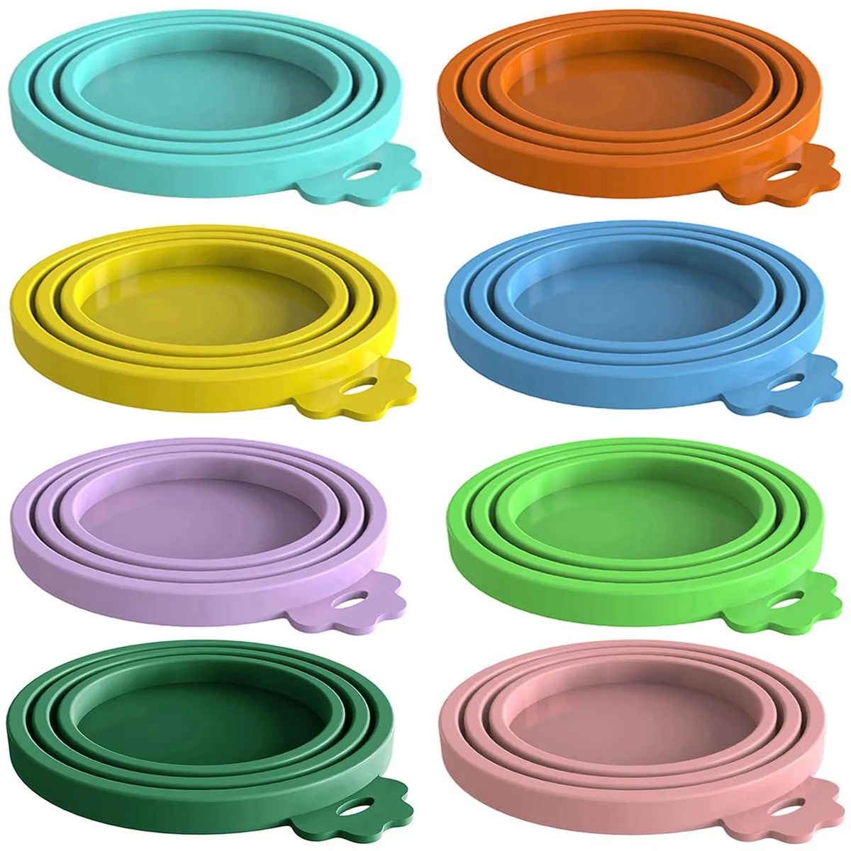 Eight multicolor silicone pet food can lids in three sizes, flexible round discs with inner rings