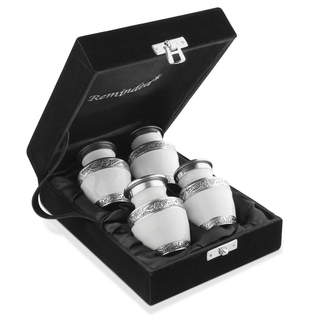 Reminded Reminded Small Cremation Urns Set of 4 White Silver Velvet Case 5.3 cu in — product photo