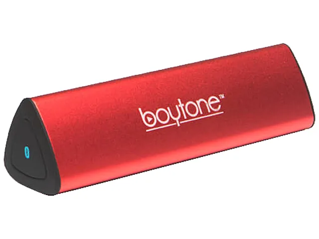Red anodized aluminum portable Bluetooth speaker, compact rectangular shape