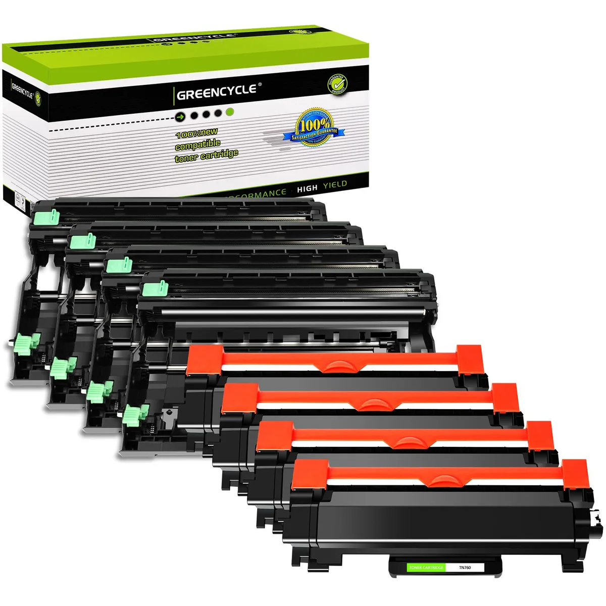 Eight black toner and drum cartridges in white box