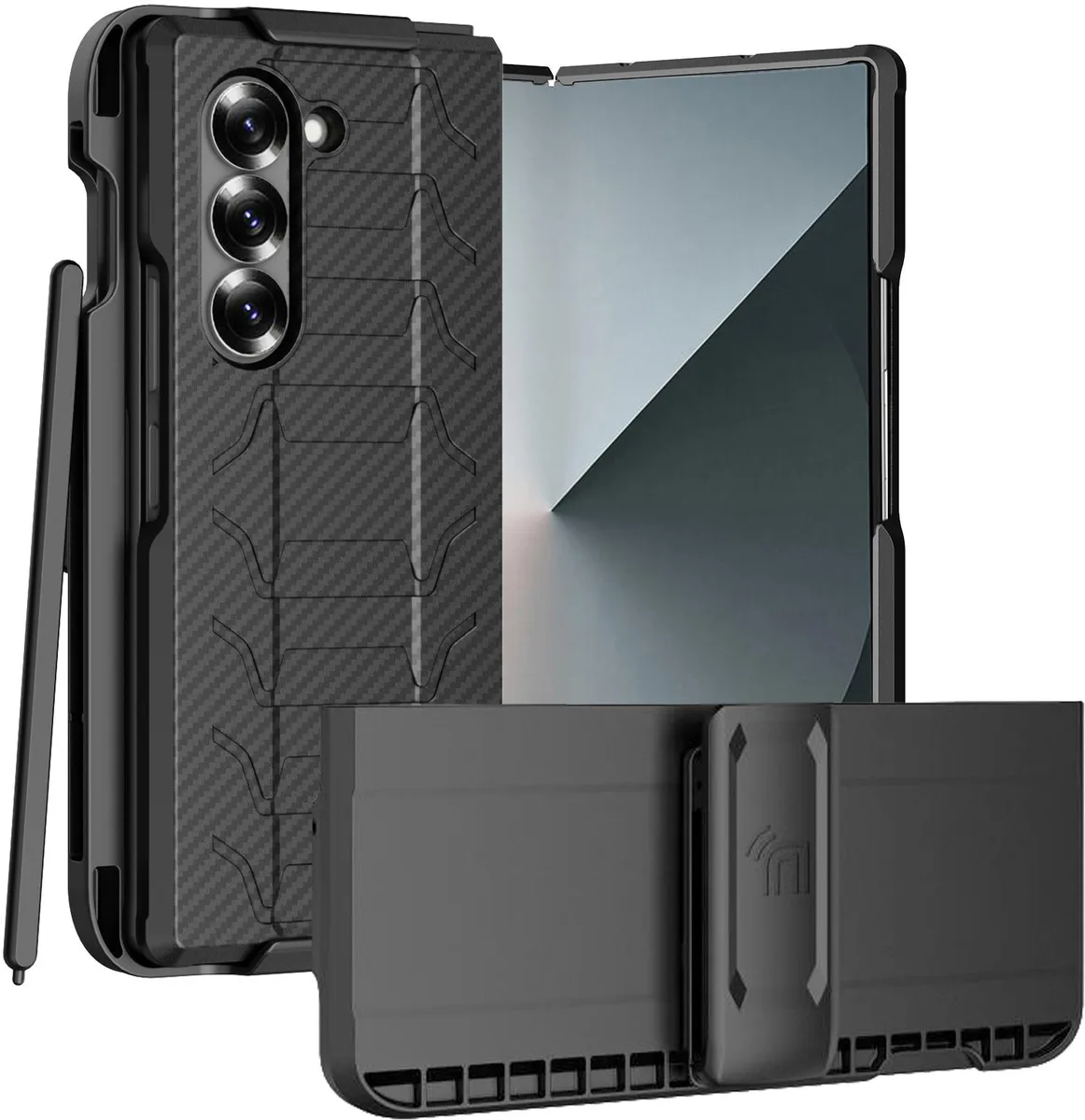 Nakedcellphone Nakedcellphone Rugged Case + Belt Clip with Pen Slot for Samsung Galaxy Z Fold 6 - Carbon Fiber — product photo