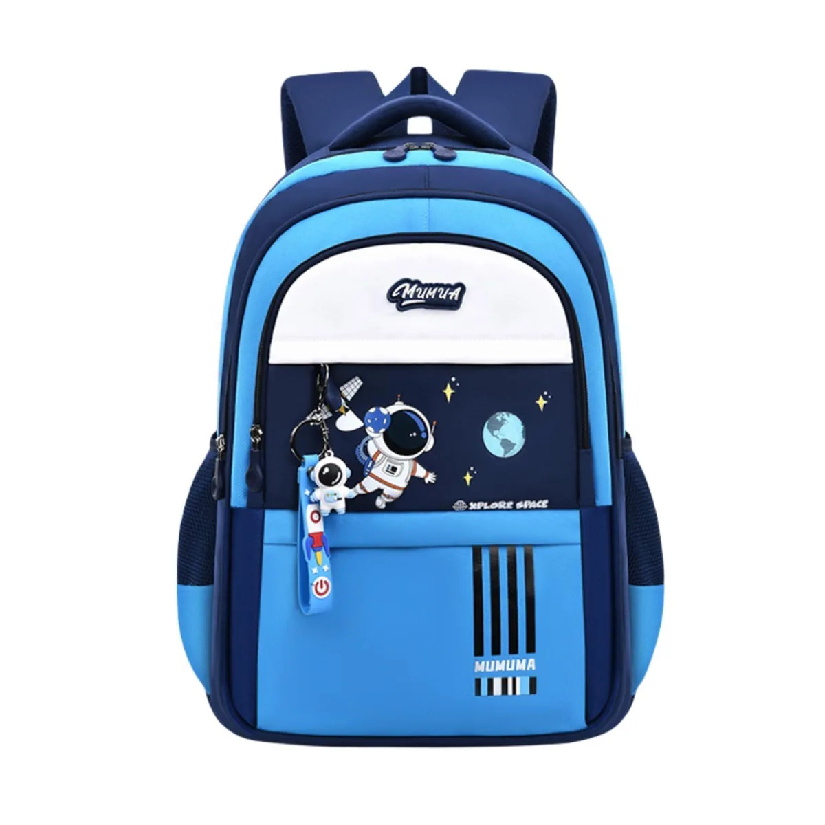 Blue 18-inch nylon backpack with cartoon astronaut print, soft shell, padded straps