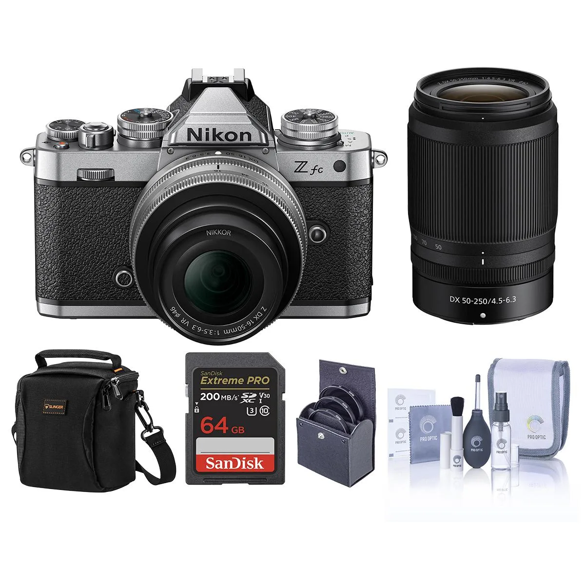 Nikon Inc Nikon Z fc Silver 16-50mm &amp; 50-250mm Kit with 64GB Card, Bag &amp; Filters — product photo