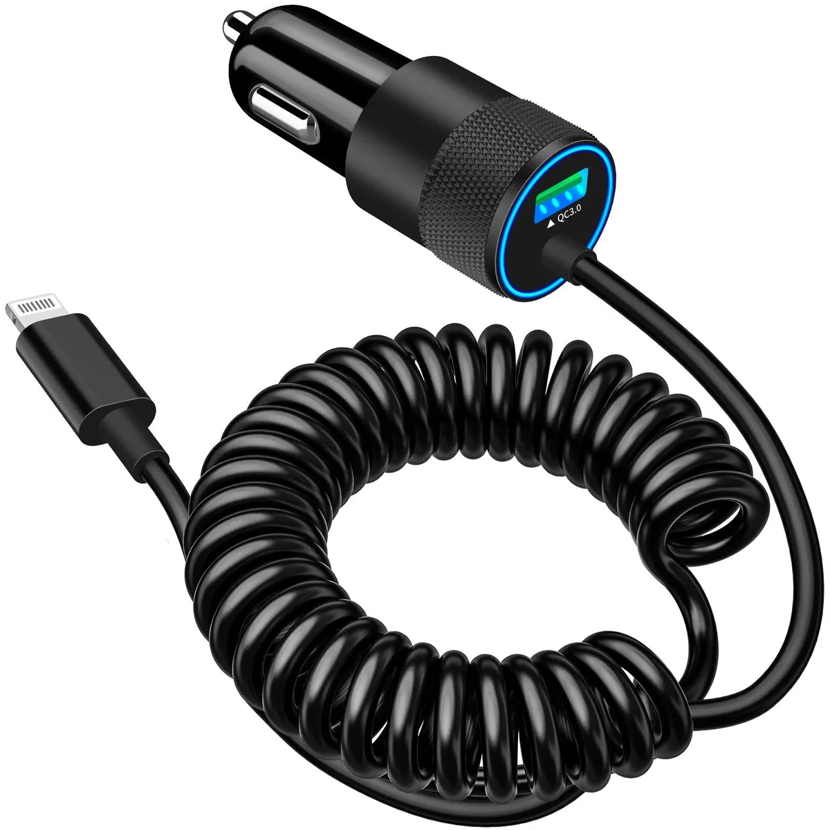  Braveridge CFC68D USB Car Charger 4.8A 6ft Coiled Lightning Cable Black — product photo
