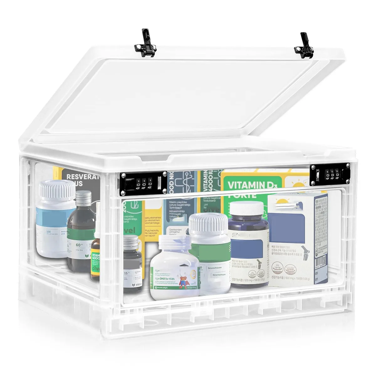 A black 24-litre lockable storage box with dual three-digit combination locks, clear sides and a white lid