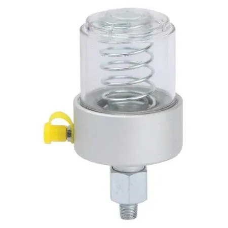 Small aluminum and clear polycarbonate grease feeder cylinder with NPT fitting and cap