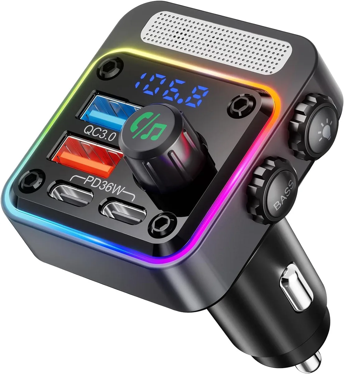aibileec aibileec Bluetooth 5.3 FM Transmitter 54W PD 36W QC 18W 4-Port Black 2024 — product photo