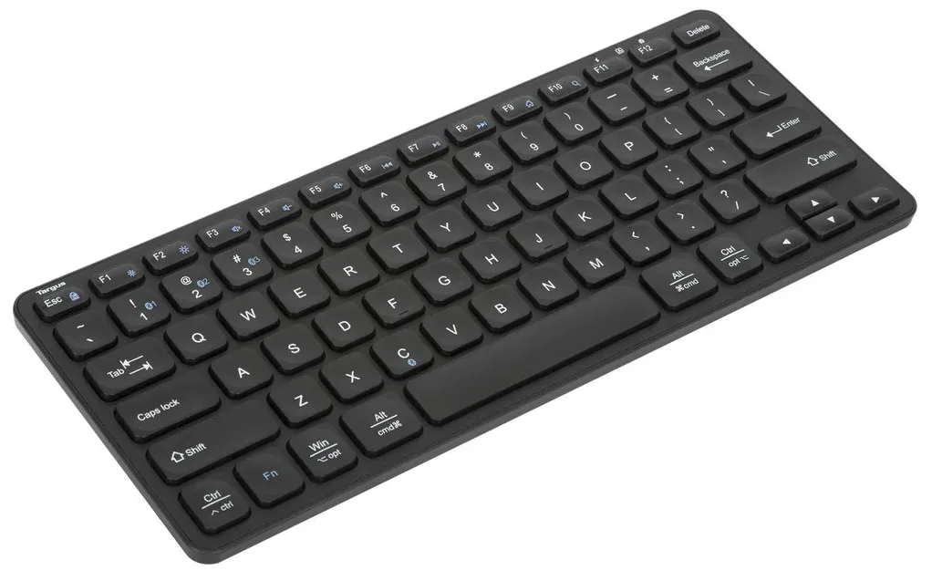 Compact black Bluetooth keyboard with antimicrobial finish, multi-device keys and battery indicator