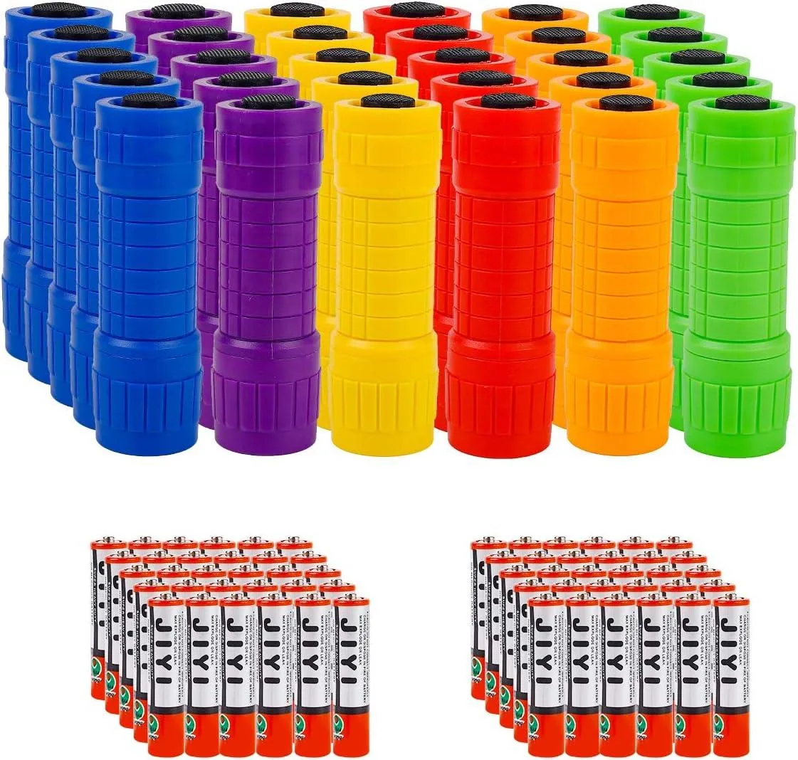 Pack of thirty small plastic flashlights in assorted colours with batteries included