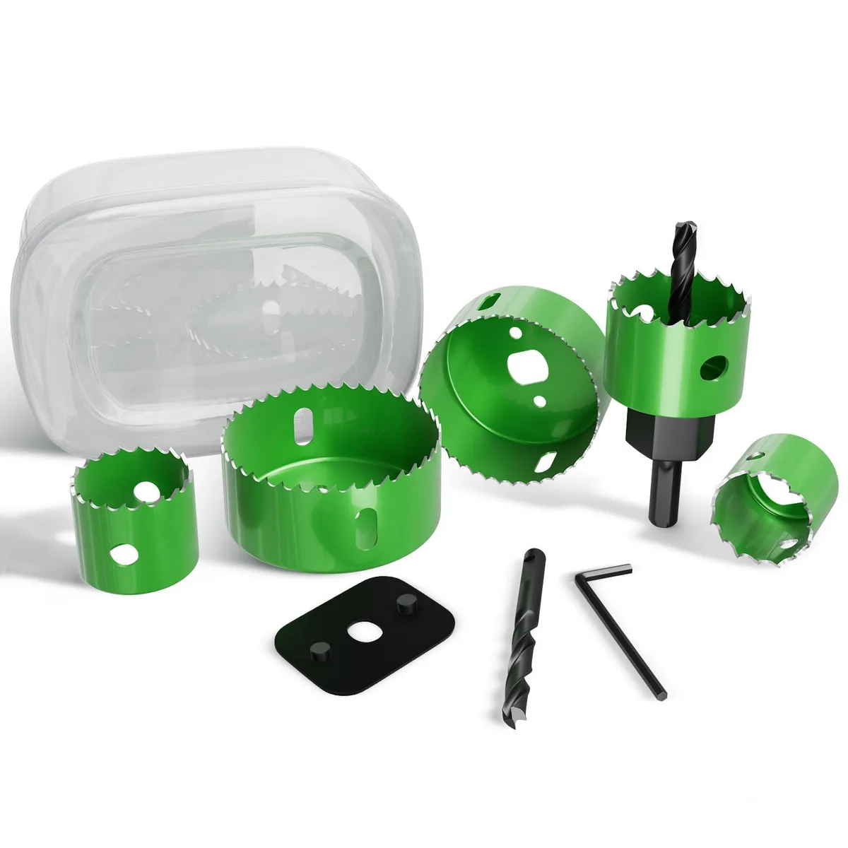 Green steel hole saw set with five blades, arbor, pilot drill and hex key in case