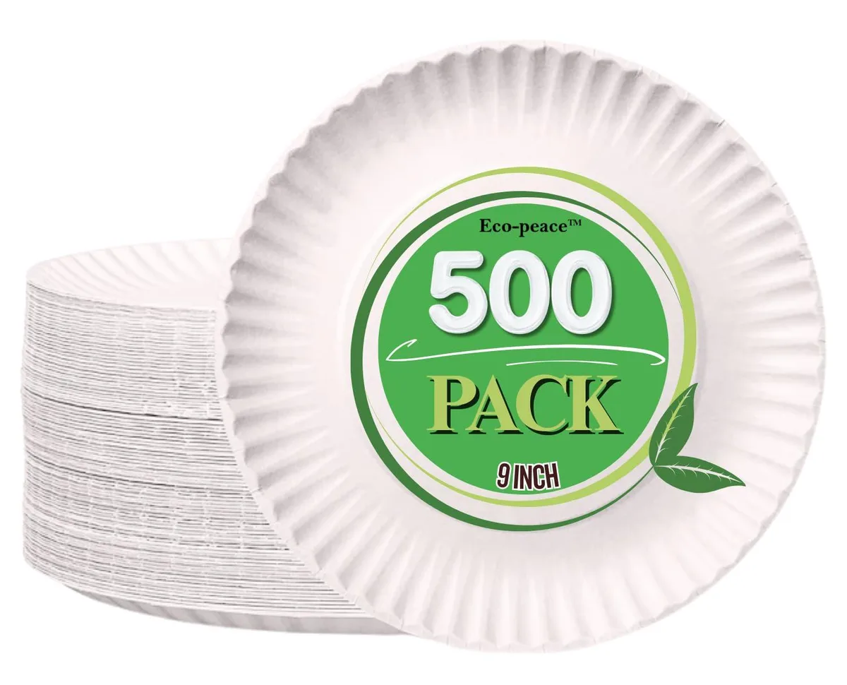 Bulk pack of 500 white rectangular uncoated paper plates
