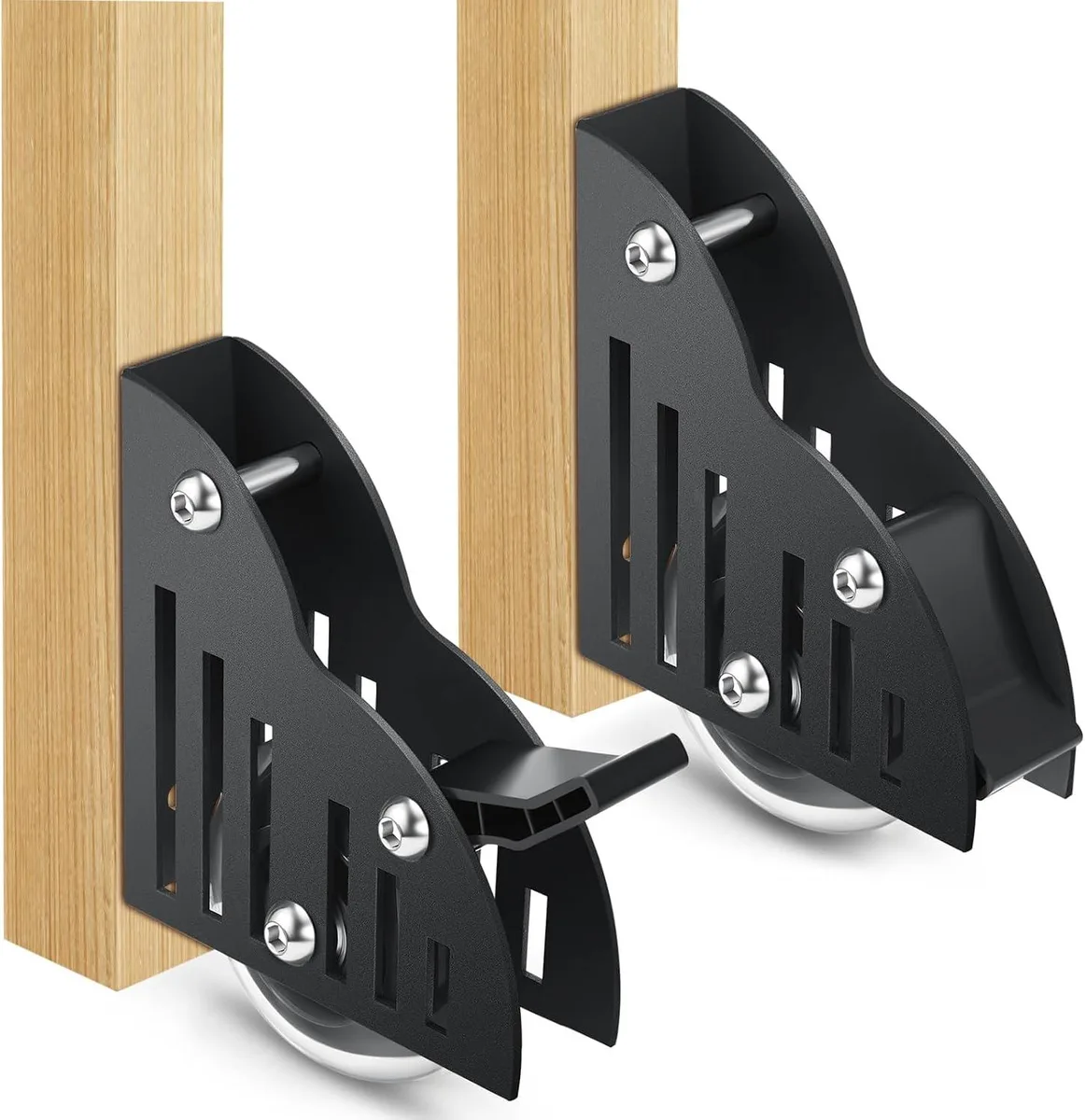 Two black steel sliding ladder floor rollers with brake levers