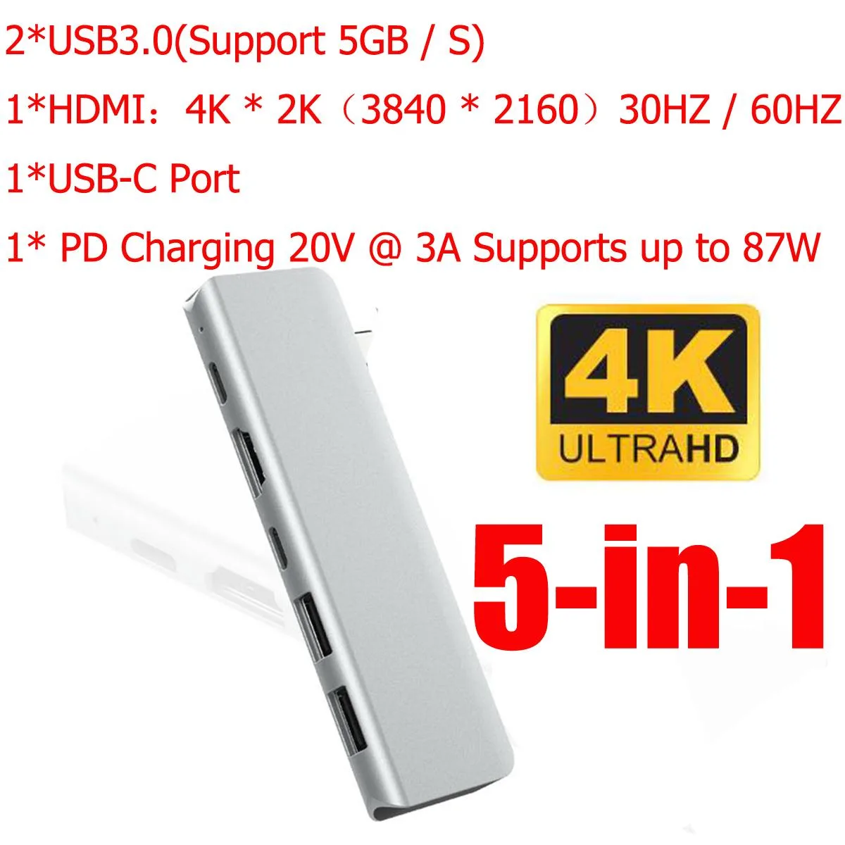 WRIARICH WRIARICH 5-in-1 USB-C Hub Silver 2×USB 3.0 4K HDMI PD 87W — product photo