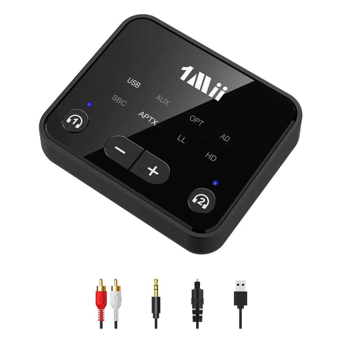 Small black rectangular Bluetooth 5.3 transmitter with pairing buttons and volume controls
