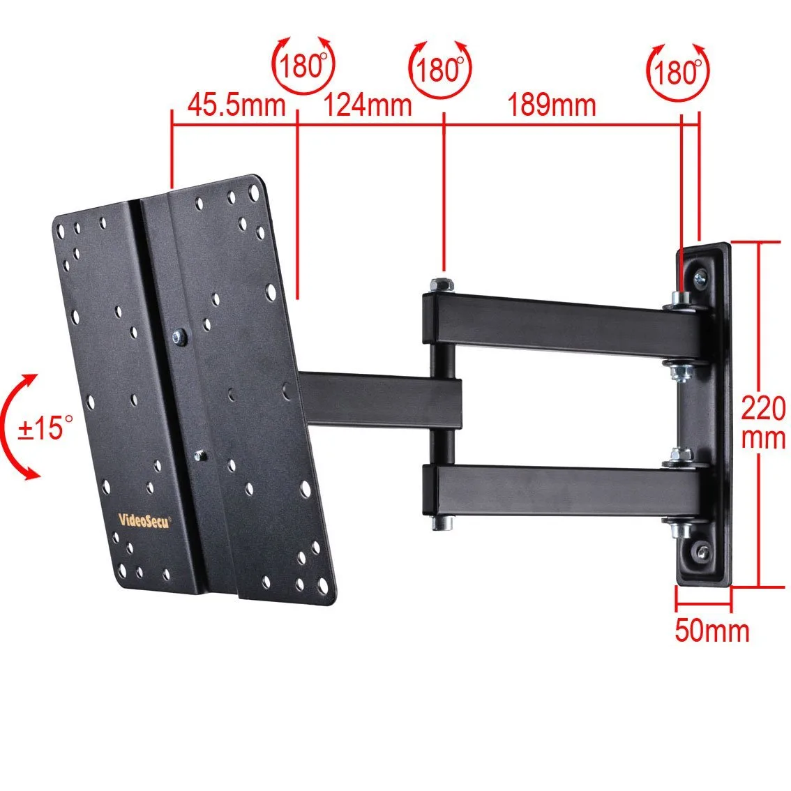 Black steel articulating TV wall mount with nested arms extended showing tilt and swivel joints