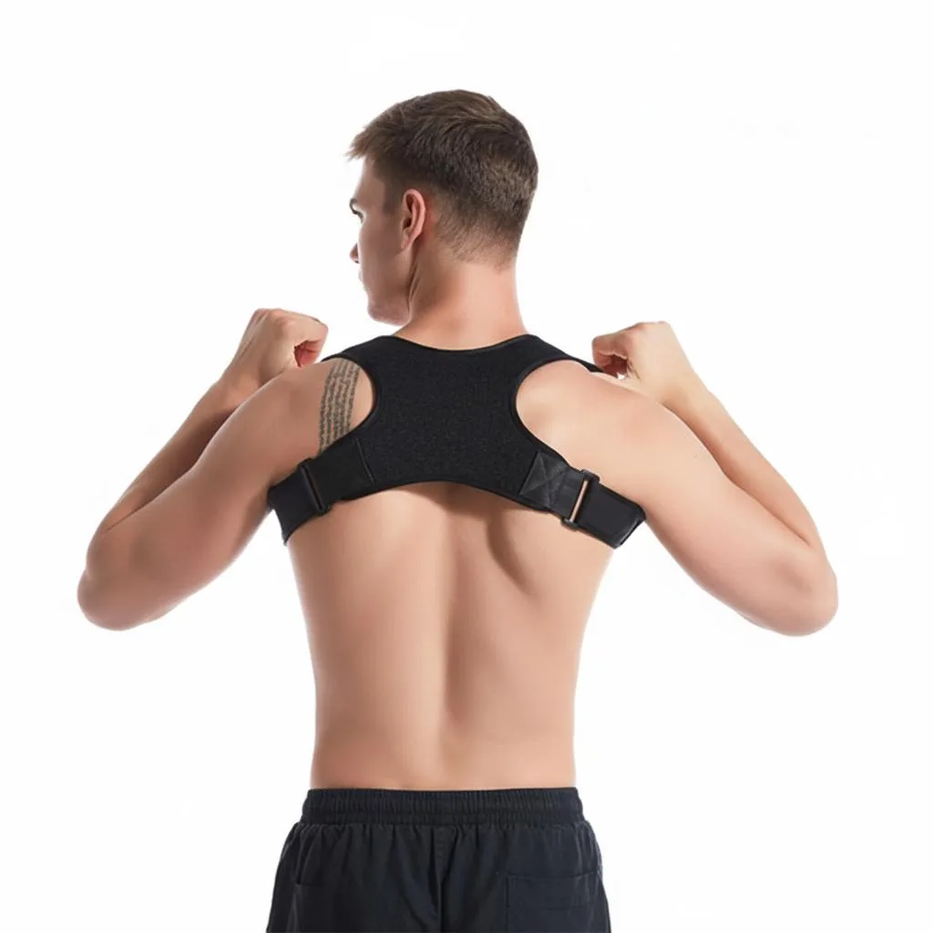 Black adjustable posture corrector brace with shoulder straps