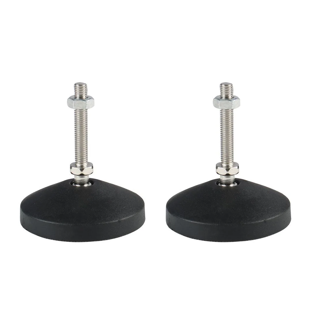 Two silver metal leveling feet with black plastic bases and M8 threaded rods