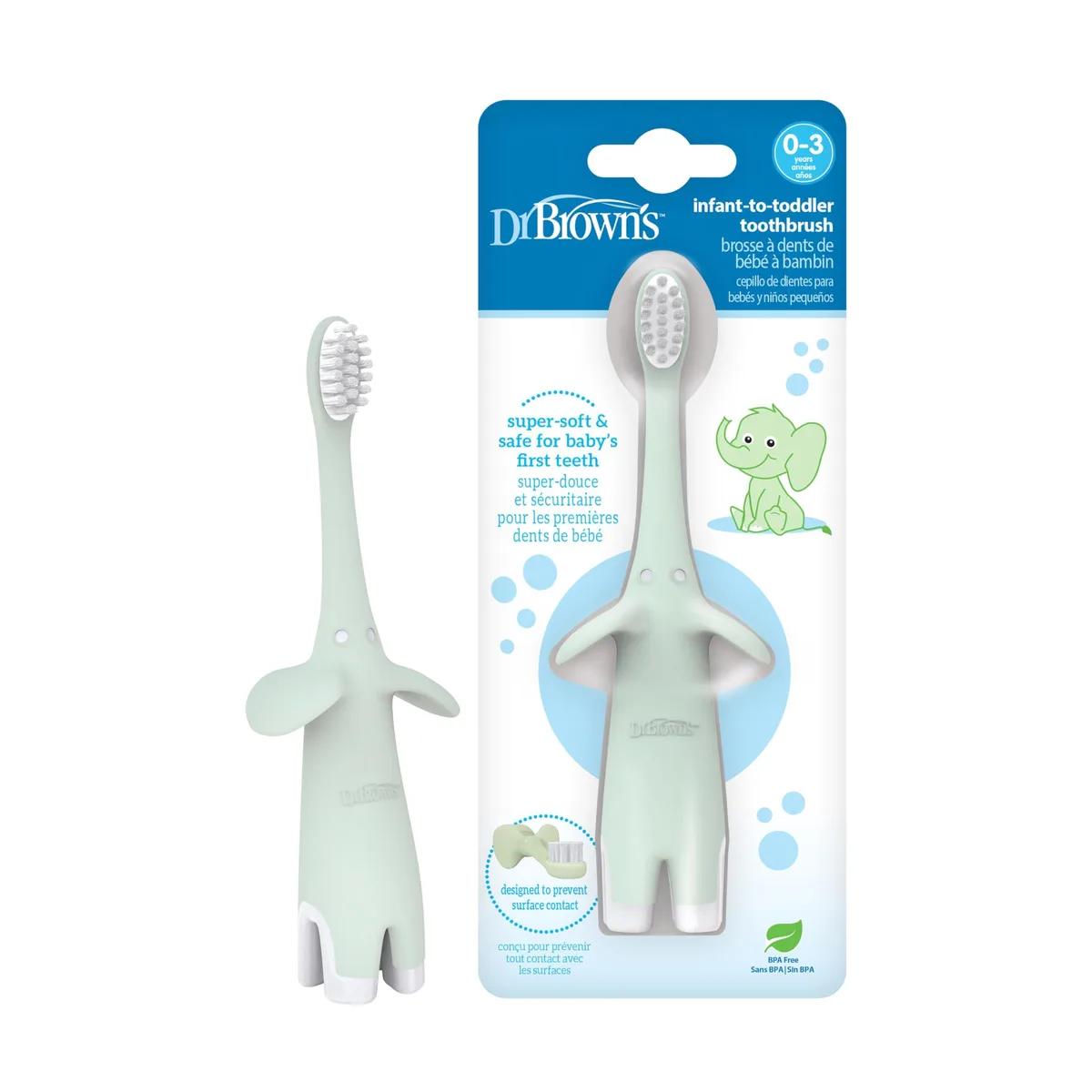 Mint-green manual toothbrush with elephant-shaped handle and super-soft bristles