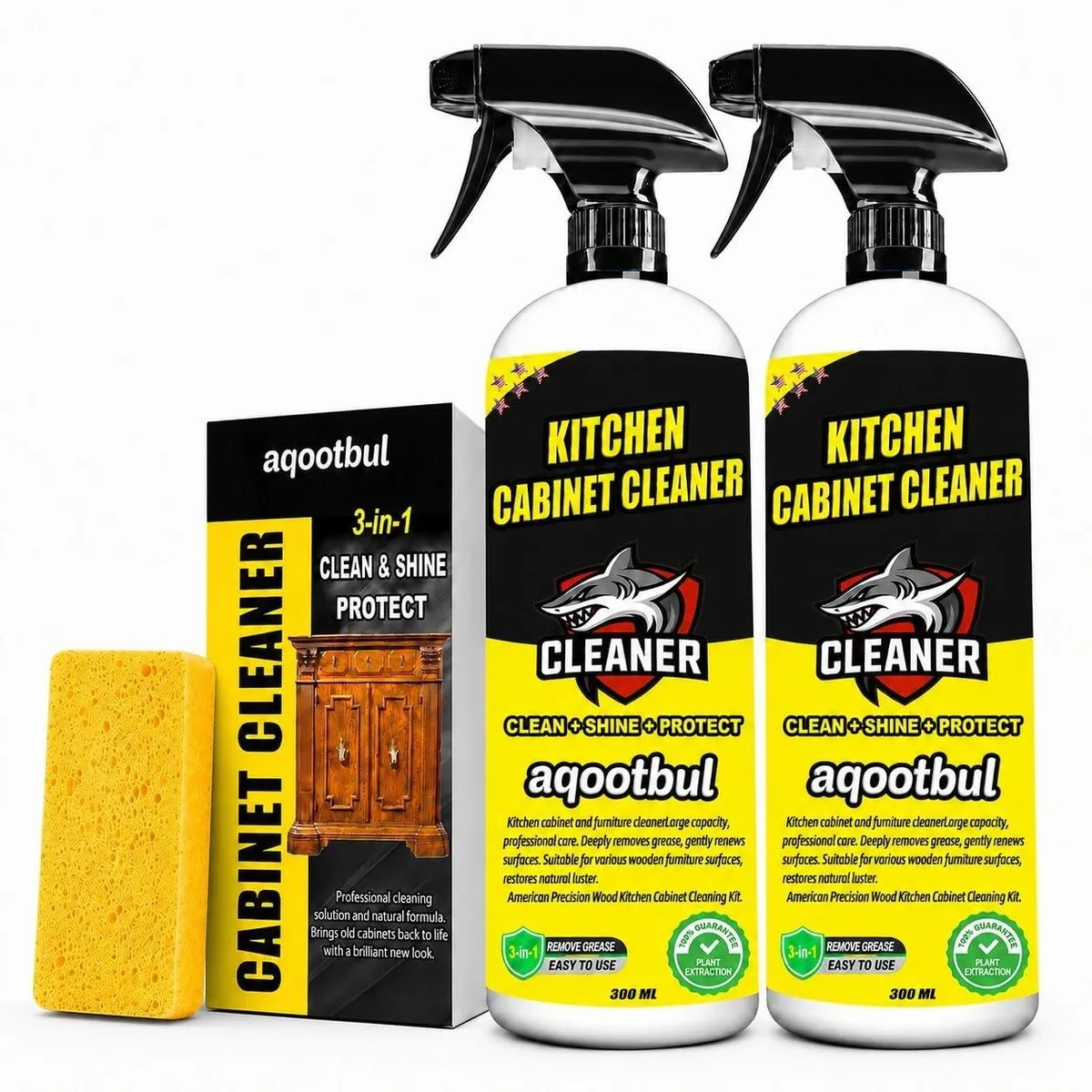 Two spray bottles and a sponge on a surface