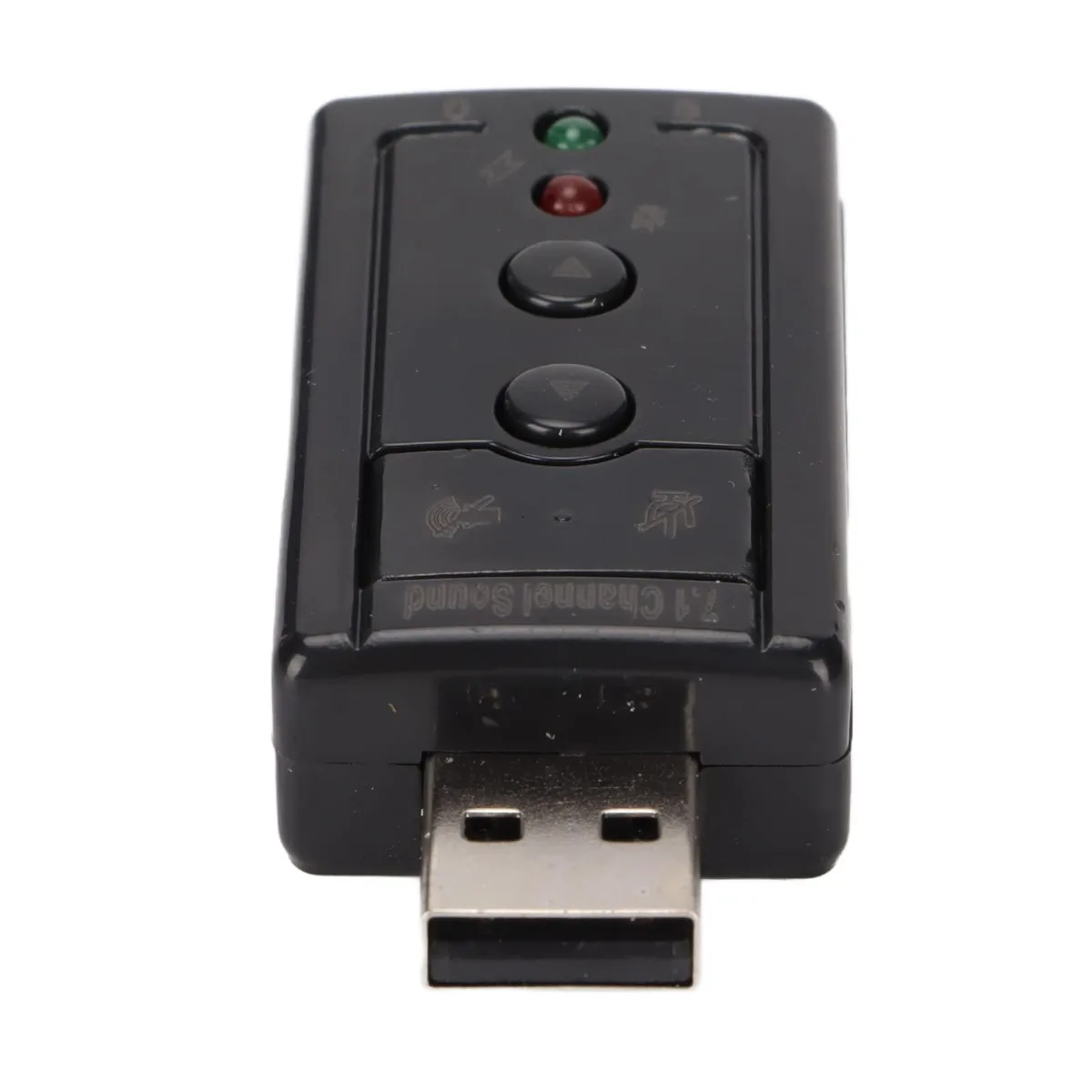 Black USB stick style audio adapter with 3.5 mm ports and volume controls