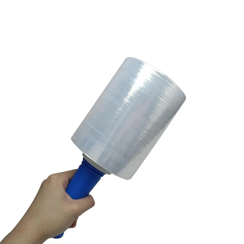Clear plastic stretch wrap roll with built-in handle