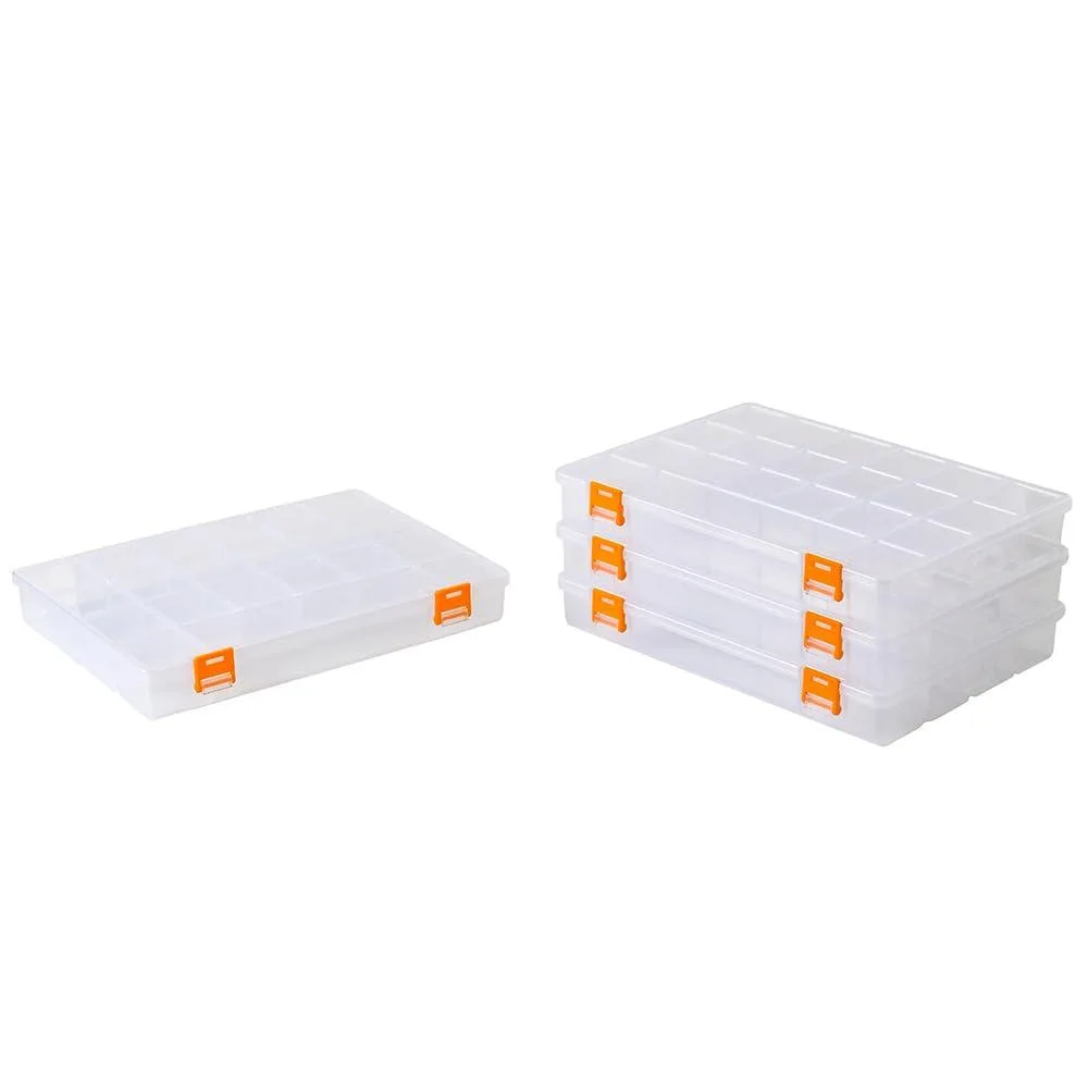Four clear plastic storage boxes with orange latches and 21 fixed compartments each