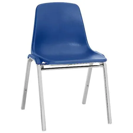 Blue polypropylene stacking chair with chrome tubular frame, one-piece seat and back, stack bumpers and cross-braces