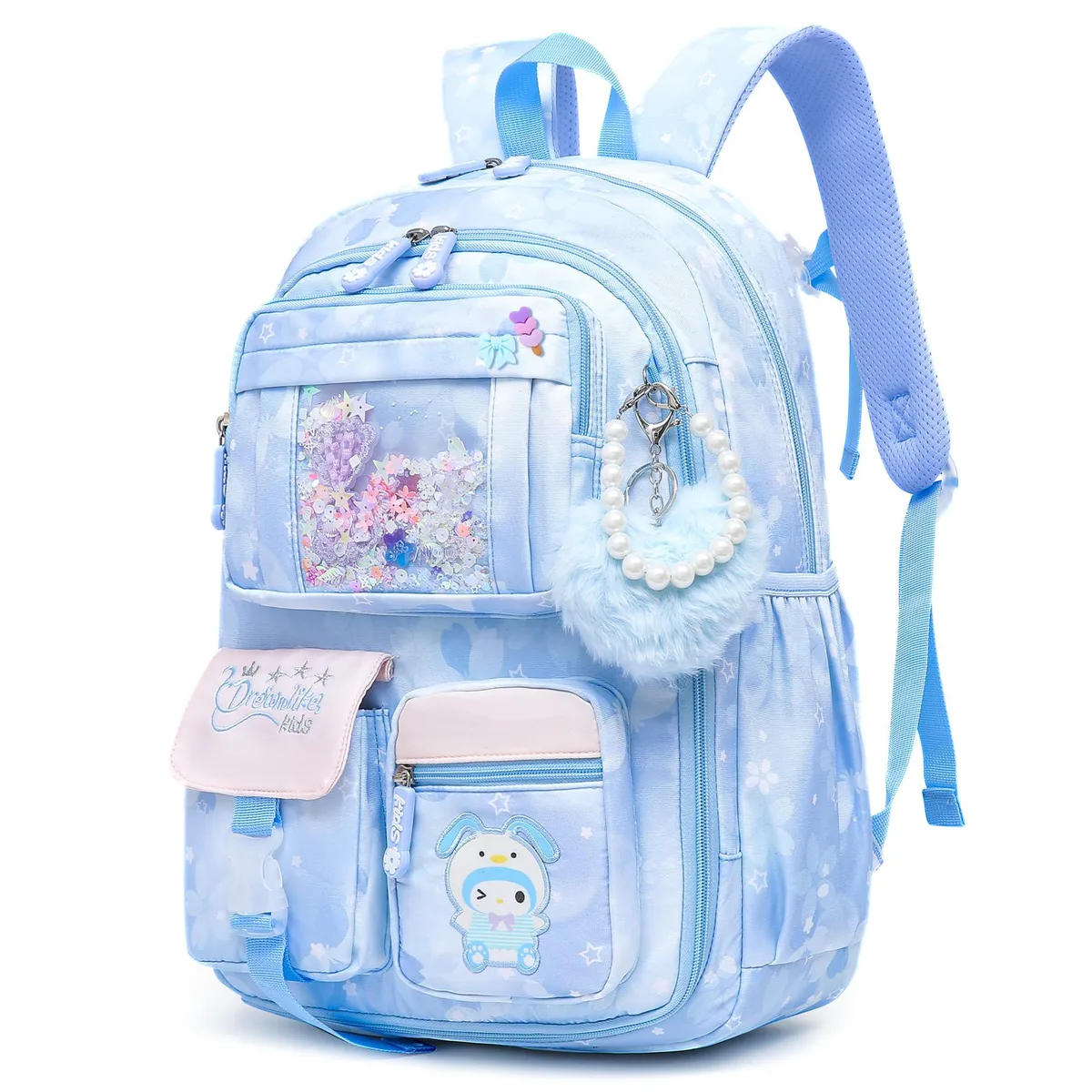 Blue polyester backpack with multiple pockets and padded straps, 17 inch size